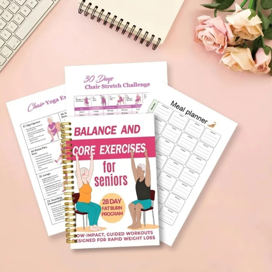 Fitness Journal Planner - 高齢者向けチェアヨガエクササイズノート 50ページの座りヨガガイド、柔軟性とバランスのトレーニングのためのフィットネスプランナージャーナル